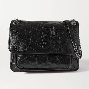 NWOT Yves Saint YSL Laurent Niki Medium Crinkled Leather Shoulder Bag in Black